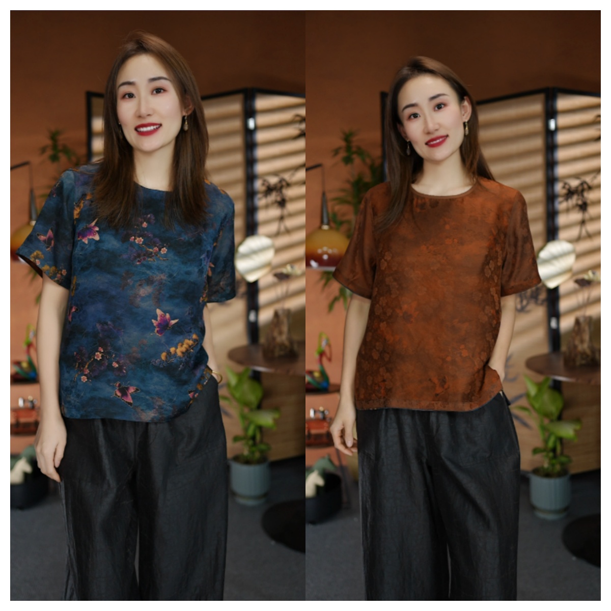 【苗蔓纱语】红云花萝圆领短袖反季清仓桑蚕丝香云纱双面穿