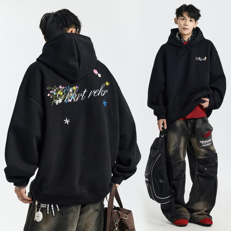 秋冬花卉设计万针刺绣重磅420g连帽卫衣男潮牌宽松青少年情侣上衣