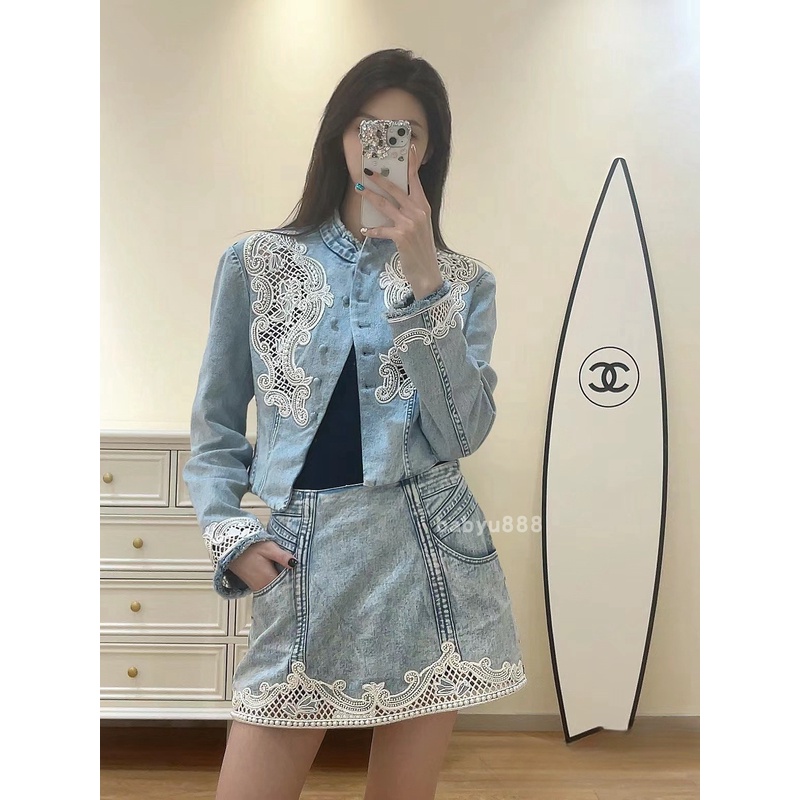 YOYOUNA重工刺绣钉珠宫廷风浅蓝色牛仔包臀半身裙24