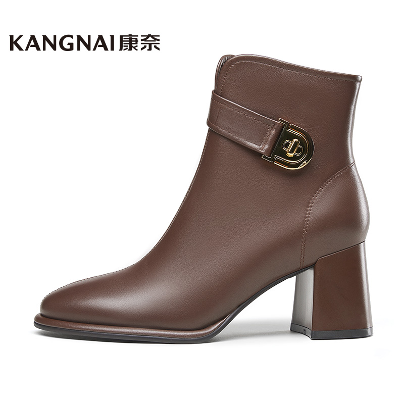 Kangnai/康奈38022专柜正品冬牛皮舒适粗高方跟圆头单靴女士短靴