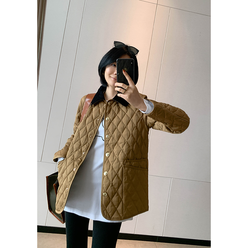 MYL 鹅绒薄款羽绒服2022秋冬新品长袖翻领菱形格宽松黄金外套