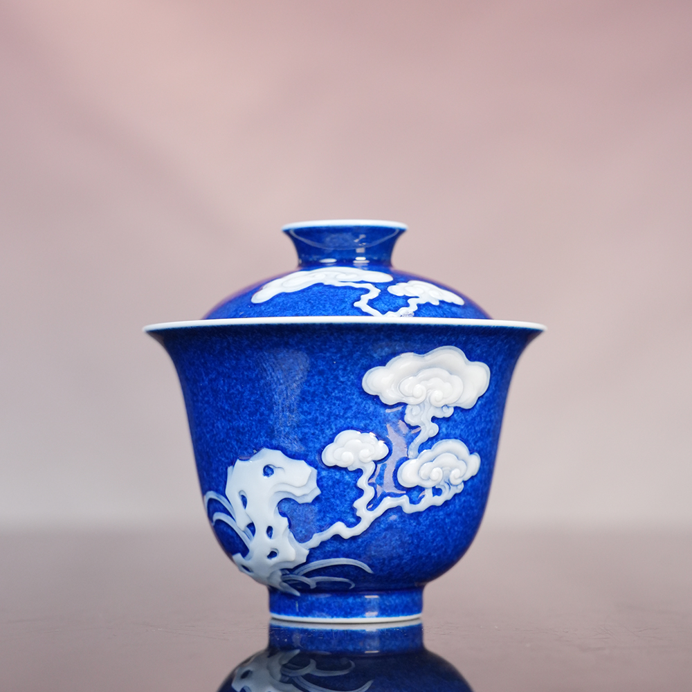 初蓝舍洒蓝堆白灵芝盖碗100ml 景德镇手绘高档茶碗 高温颜色釉