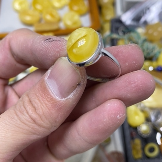 蜜蜡裸石银S925镶嵌戒指