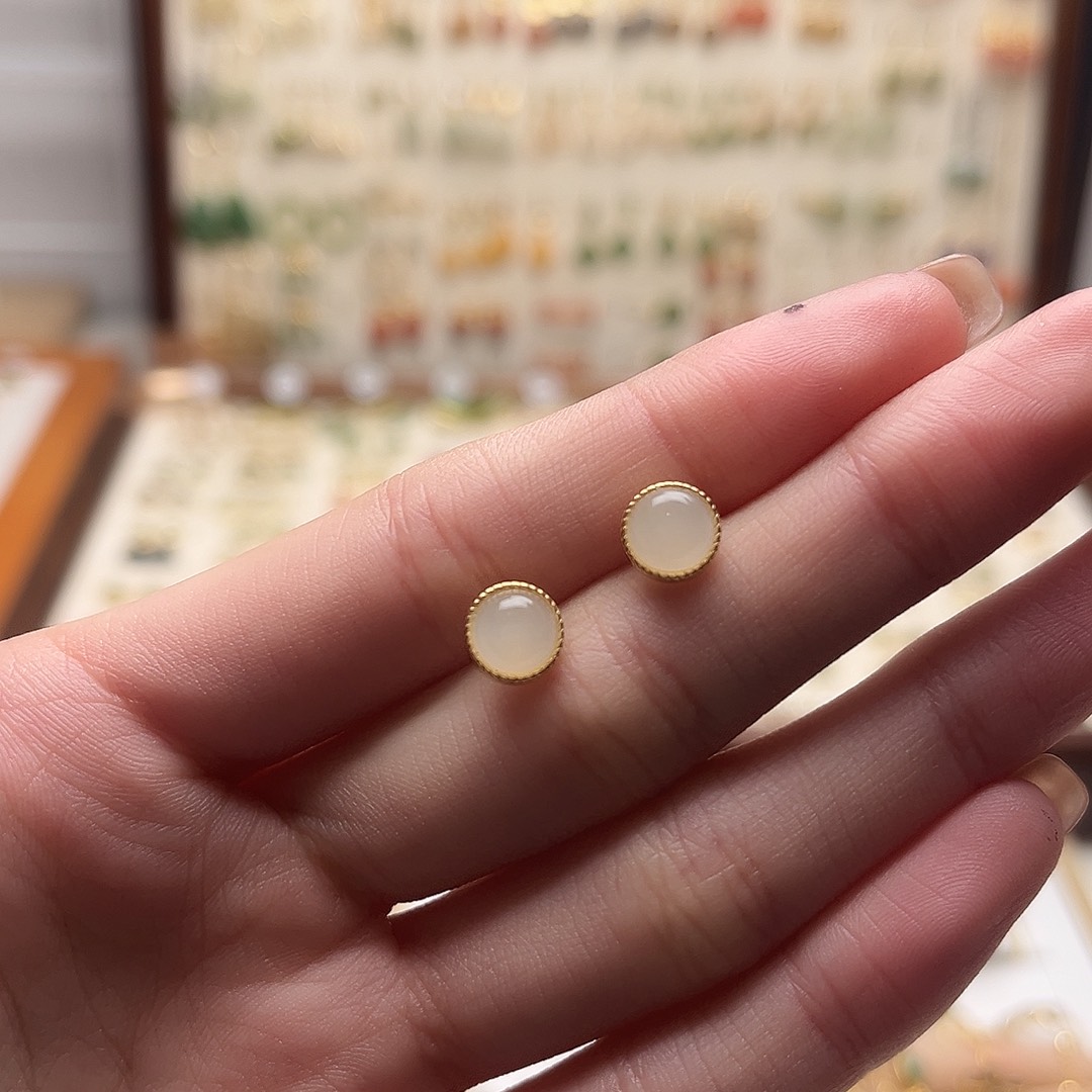 和田玉银S925镀金镶嵌耳饰