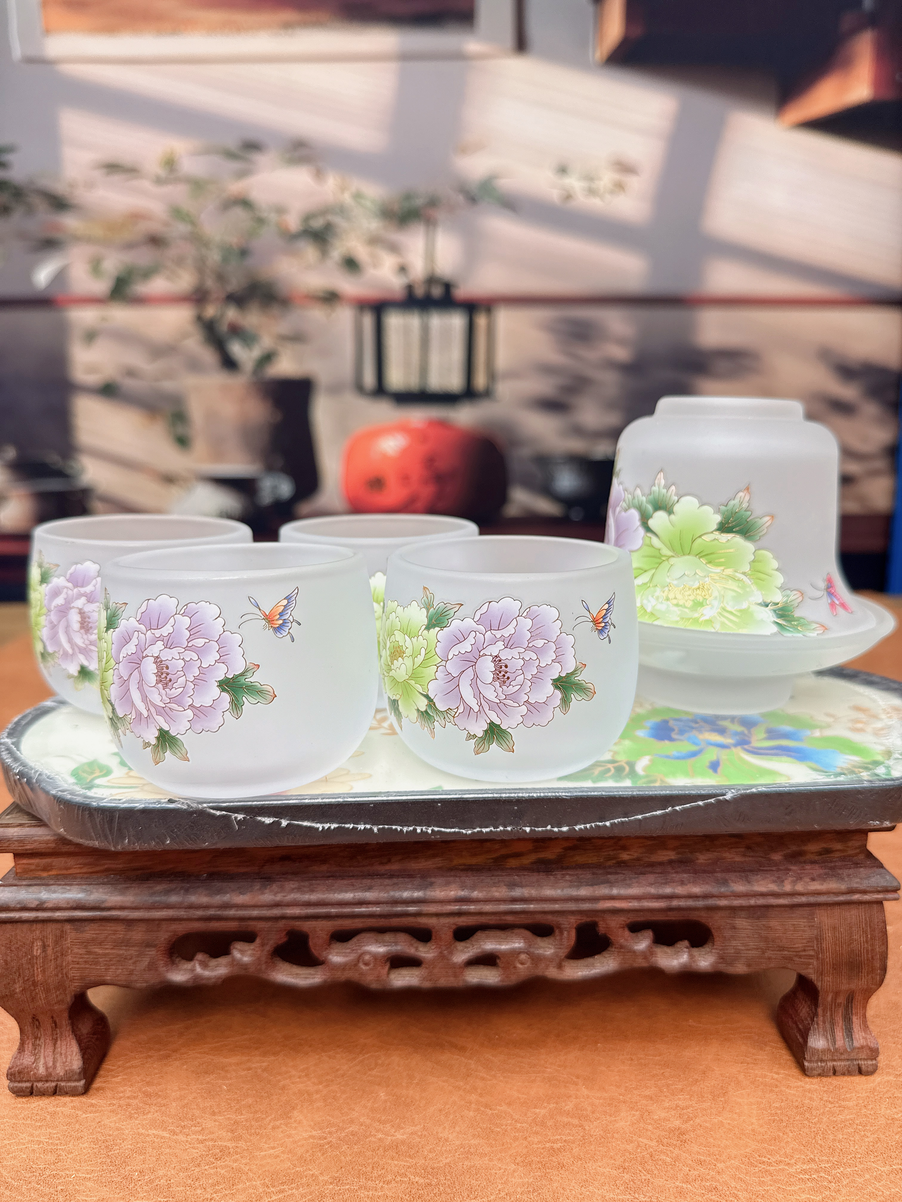 琉璃磨砂牡丹盖碗+四杯+牡丹干泡盘-2815