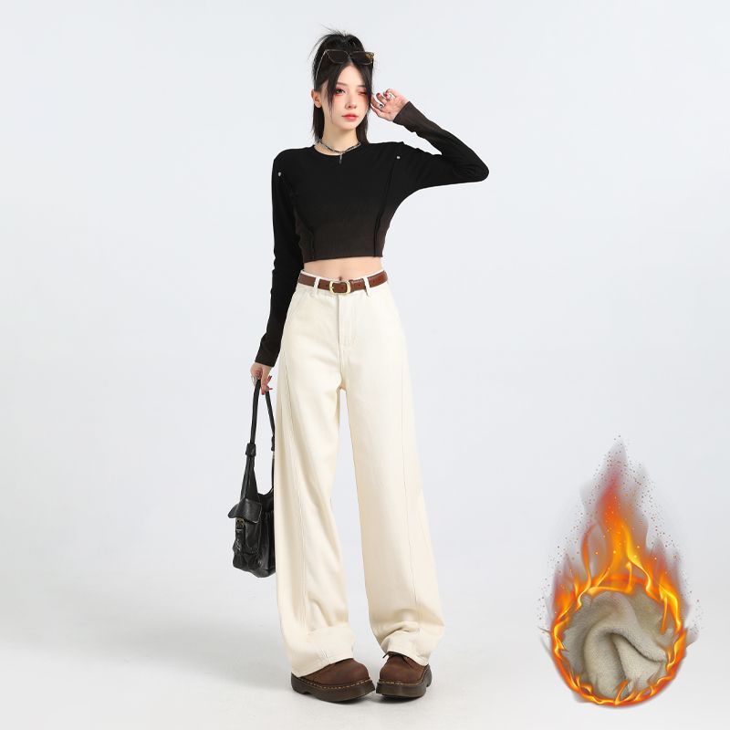 爆款秋冬加绒牛仔裤女经典时尚百搭宽松纯色弯刀牛仔裤