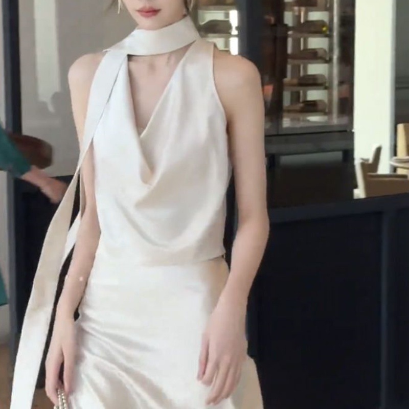 法式荡领飘带背心配高腰显瘦缎面半身裙2025春夏高级感气质女装两