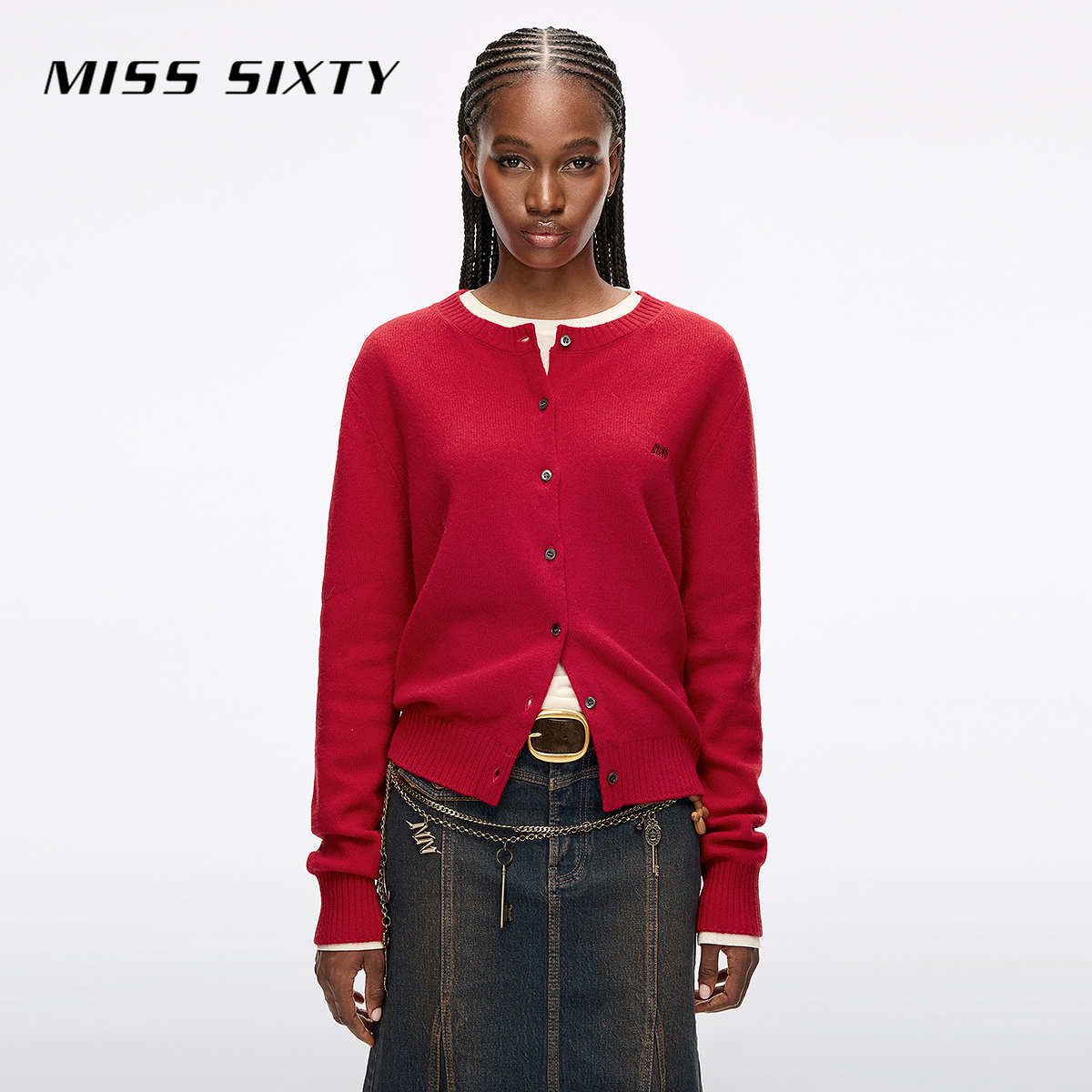 Miss Sixty2025冬季新款针织外套女圆领徽标刺绣单排扣气质羊毛衫