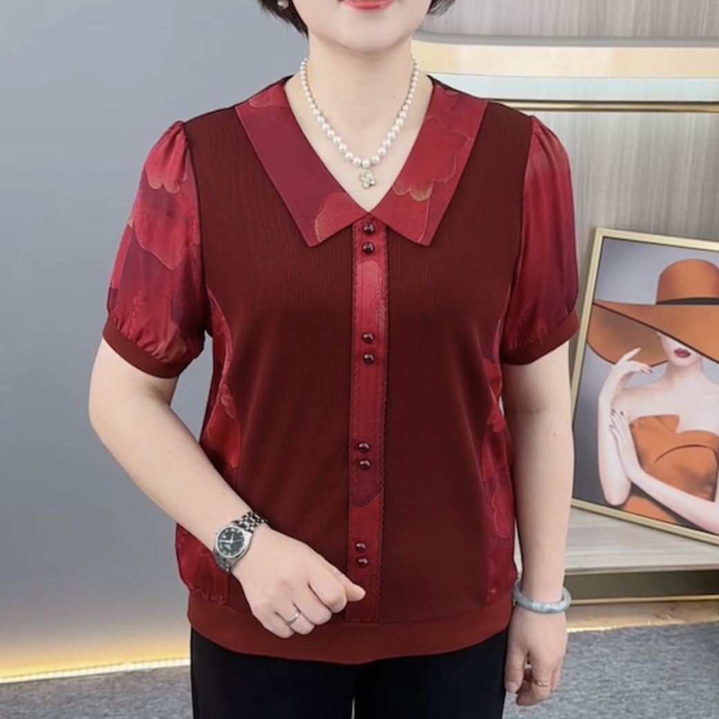 夏季新款娃娃领拼接设计气质妈妈装宽松休闲百搭短袖上衣H25616