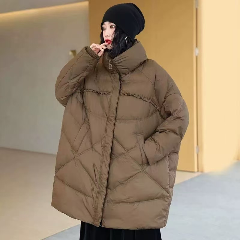 冬季新款木耳边纯色立领羽绒服