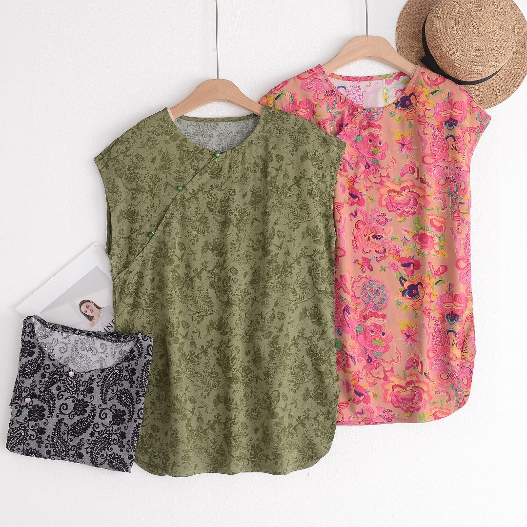 2025夏季无袖宽松棉绸新中式时尚印花气质休闲显瘦背心短袖3010