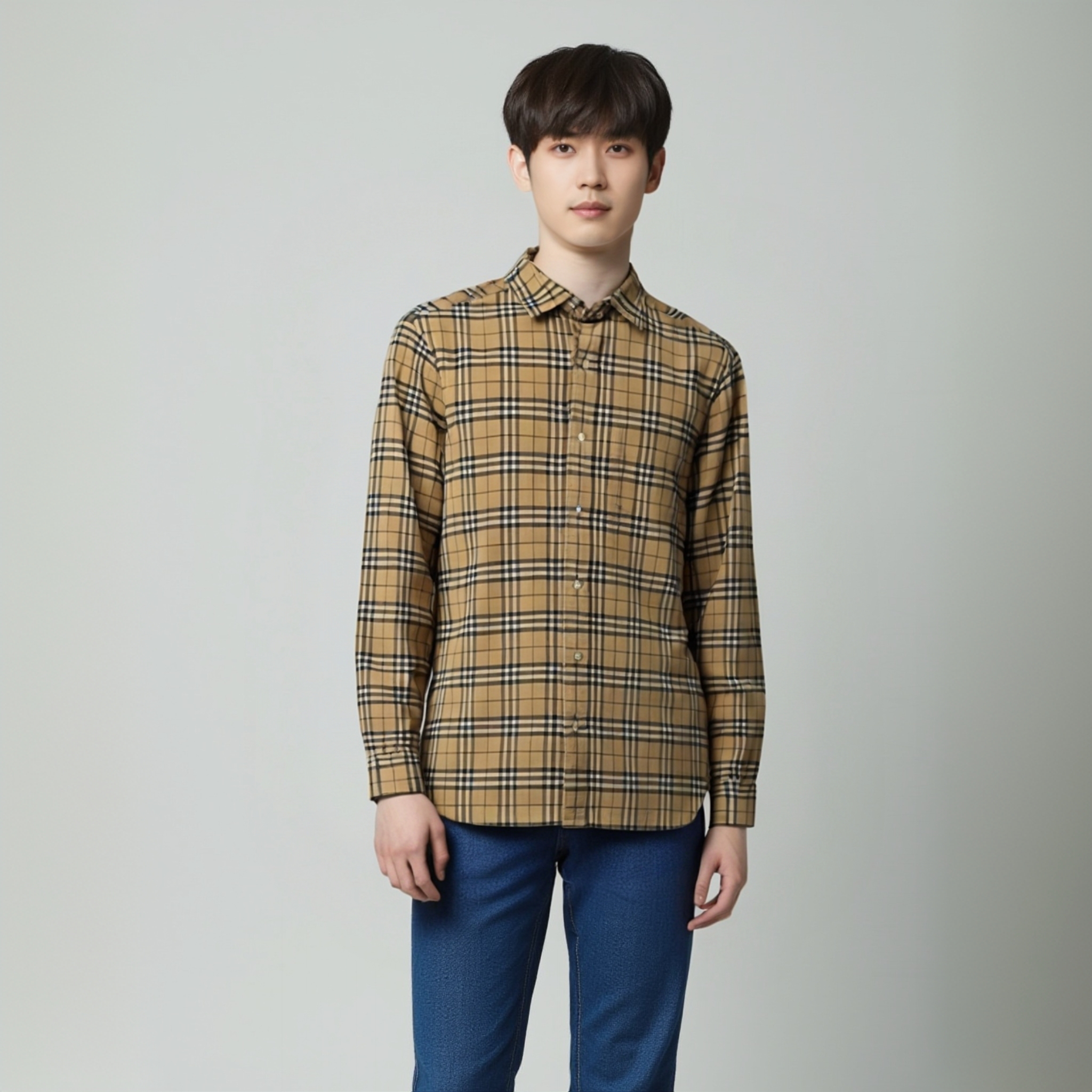 99新 BURBERRY/博柏利 12833402 格纹翻领衬衫 卡其色 S码