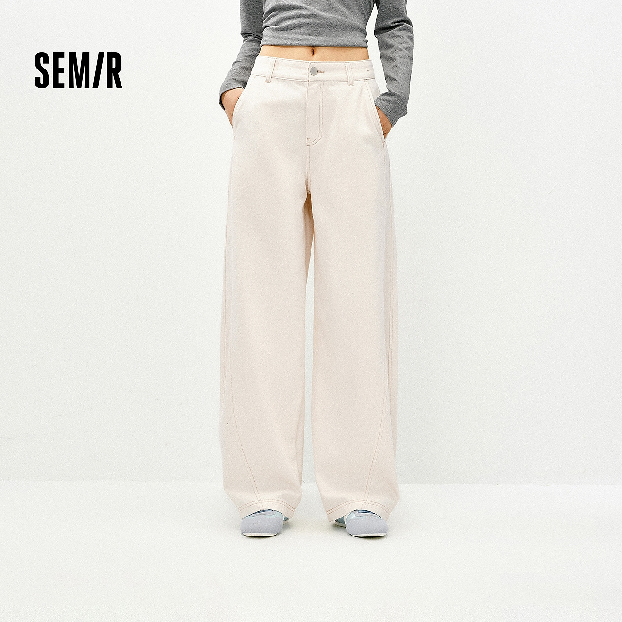 森马牛仔裤女春分割白色宽松弯刀裤2026新款松弛感显瘦潮酷拖地裤