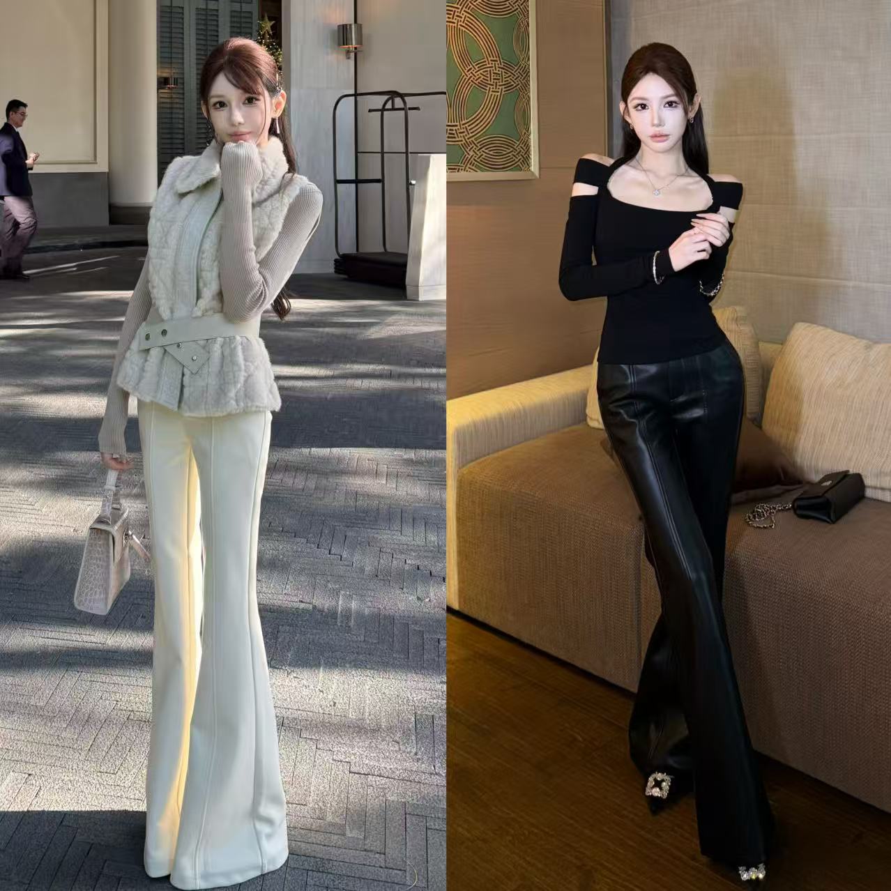 粉红PINK丨“胶片美感”设计感蛋白皮秋冬保暖显瘦皮裤FH25D4K4034