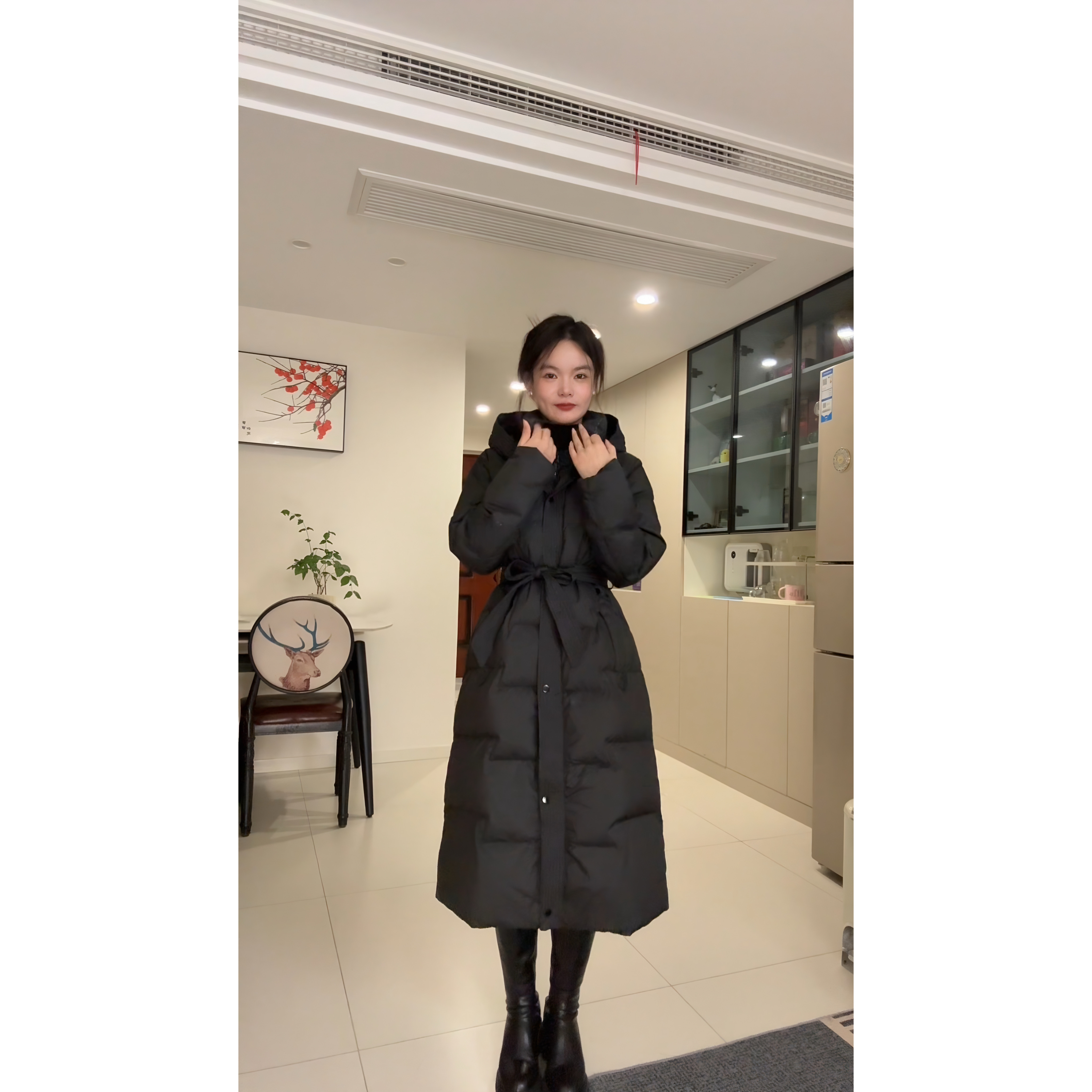 2025白鸭绒中长款腰带收腰羽绒服女外套保暖时尚连帽加厚8606#