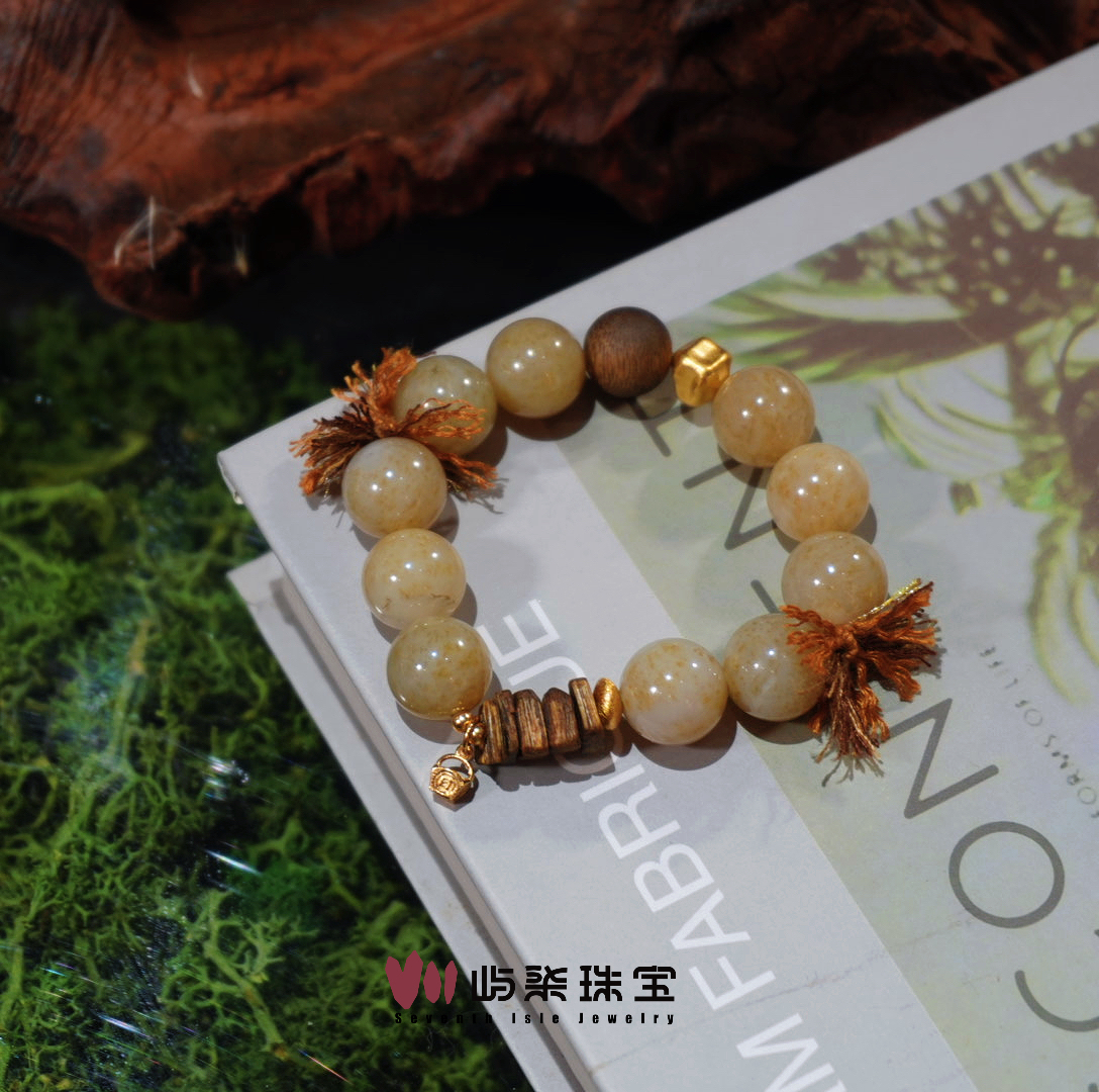 F120 和田玉银925镶嵌 新疆料桂花糖11mm+圆珠金色银麻花手串防跑