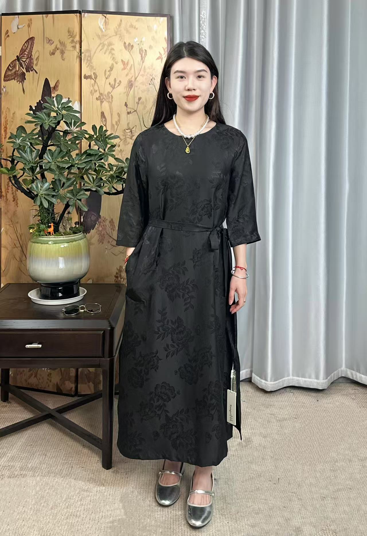 （桐言香云纱100%桑蚕丝）暗夜牡丹香云纱连衣裙