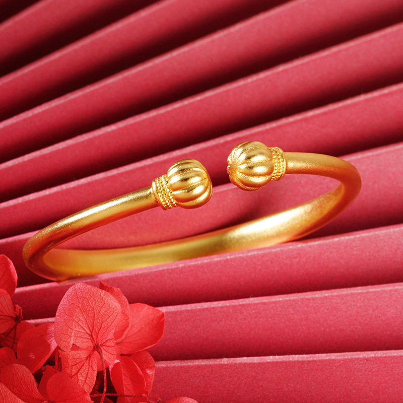 铜合金手镯 轻奢时尚简约南瓜对珠开口手镯古法传承可调节手环