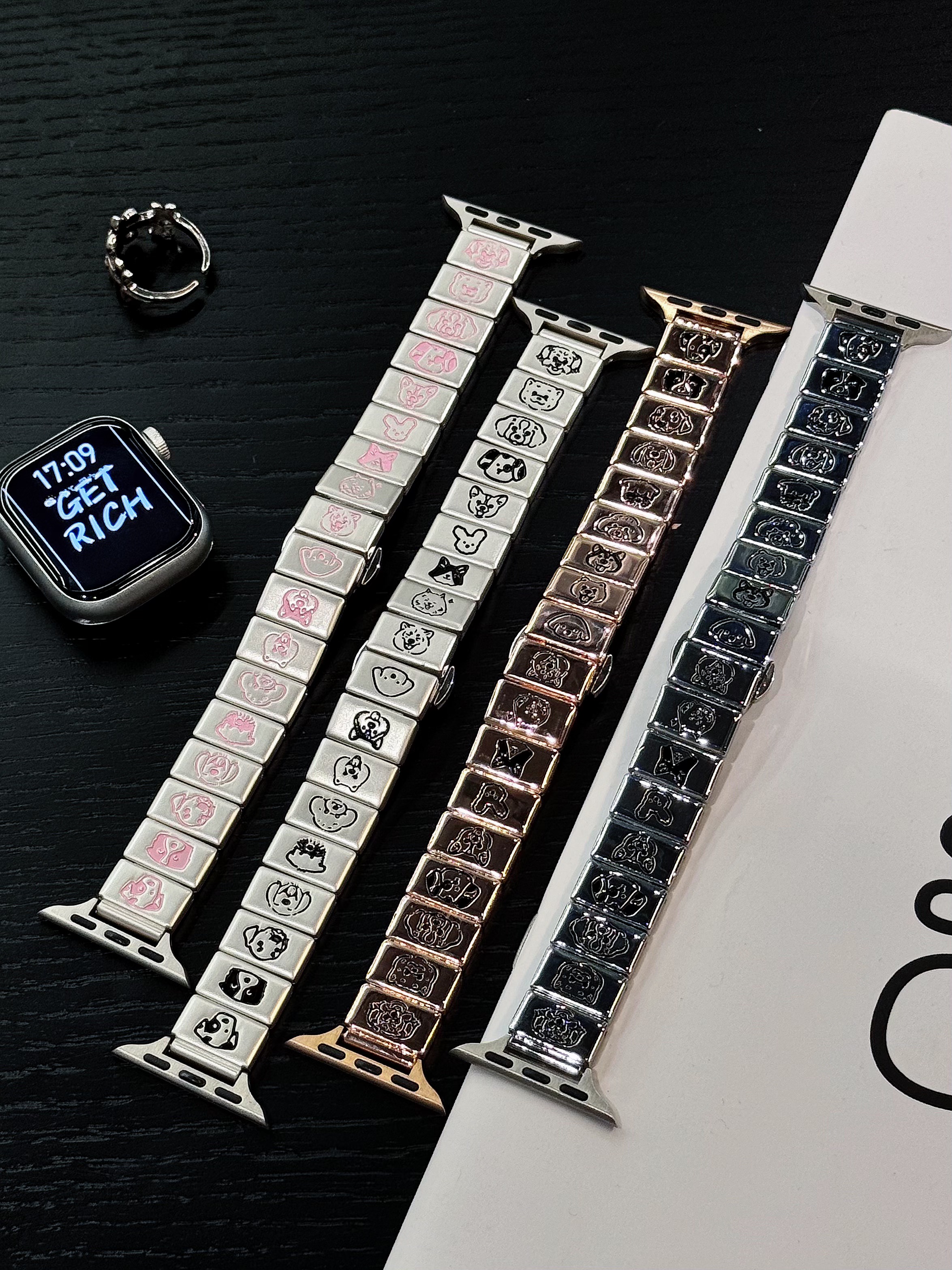 适用iwatch苹果猫猫狗狗金属钢带表带小米910华为vivogt荣耀表带