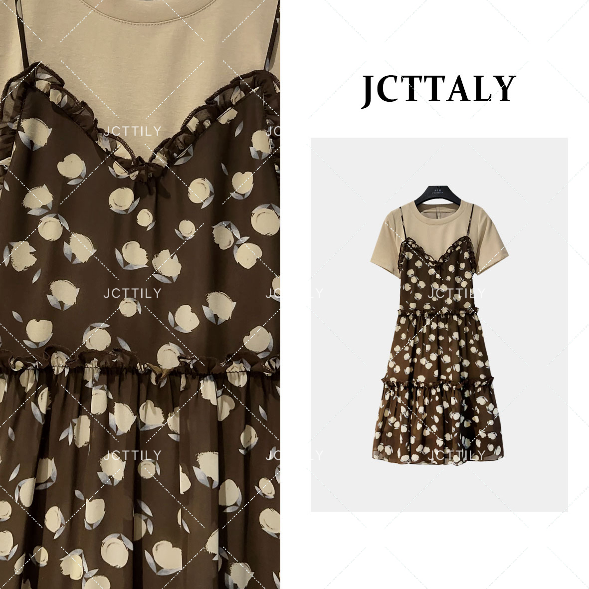 【茶茶】碎花荷叶边假两件拼接吊带裙子微胖显瘦连衣裙JC-A2911短袖