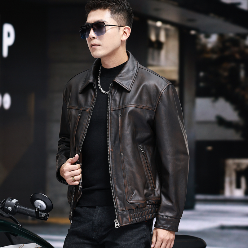 春季春秋时尚复古男士真皮做旧厚牛皮潮流休闲短款翻领皮夹克