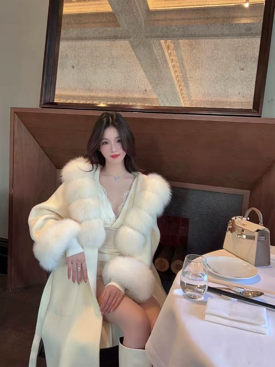 梦梦 MENGMENG｛秋冬显瘦气质大毛领长款双面呢外套}