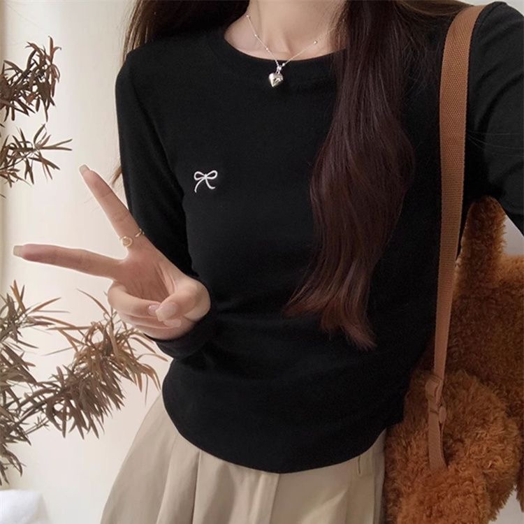 【以直播间清仓为准】内搭ins圆领T恤褶皱修身刺绣蝴蝶蝴蝶结长袖