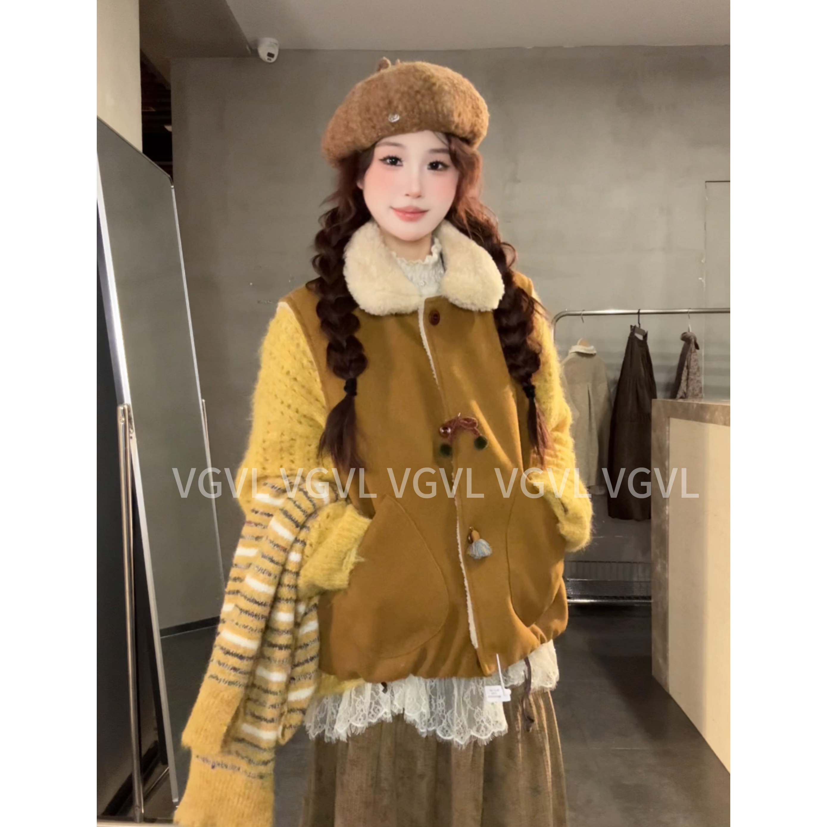 VGVL马甲秋冬新款复古百搭文艺羊羔毛氛围感马甲女30403