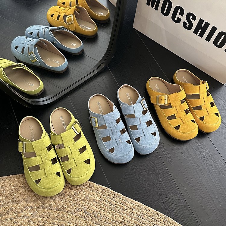 2025春季新款包头拖平跟跟底橡胶鞋底包头PU帮面