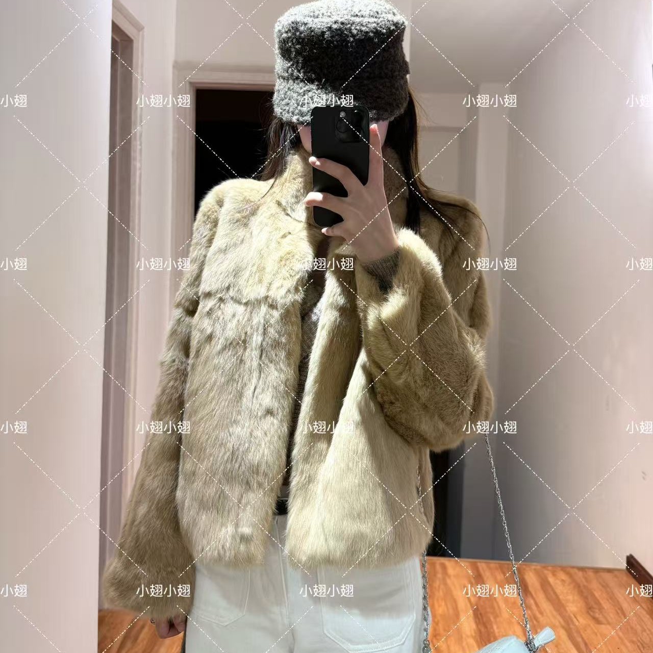 小翅服饰  金棕兔 立领显瘦保暖真兔毛短款温柔外套