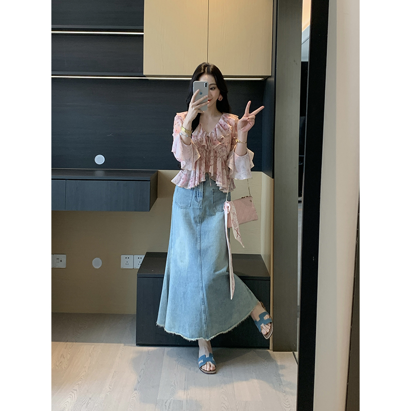 XINYI【蓝调时光】春季高腰牛仔鱼尾半身裙收腰显瘦裙X625Z03633