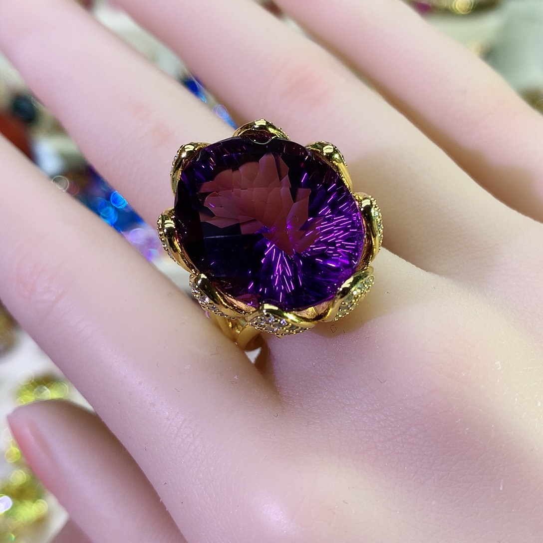 紫晶戒指银S925镀金镶嵌
