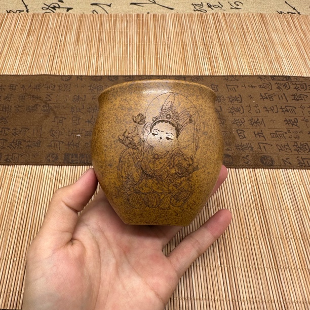 宜兴原矿紫砂龙骨金砂主人杯大容量高档刻绘福兔天圆地方杯180cc