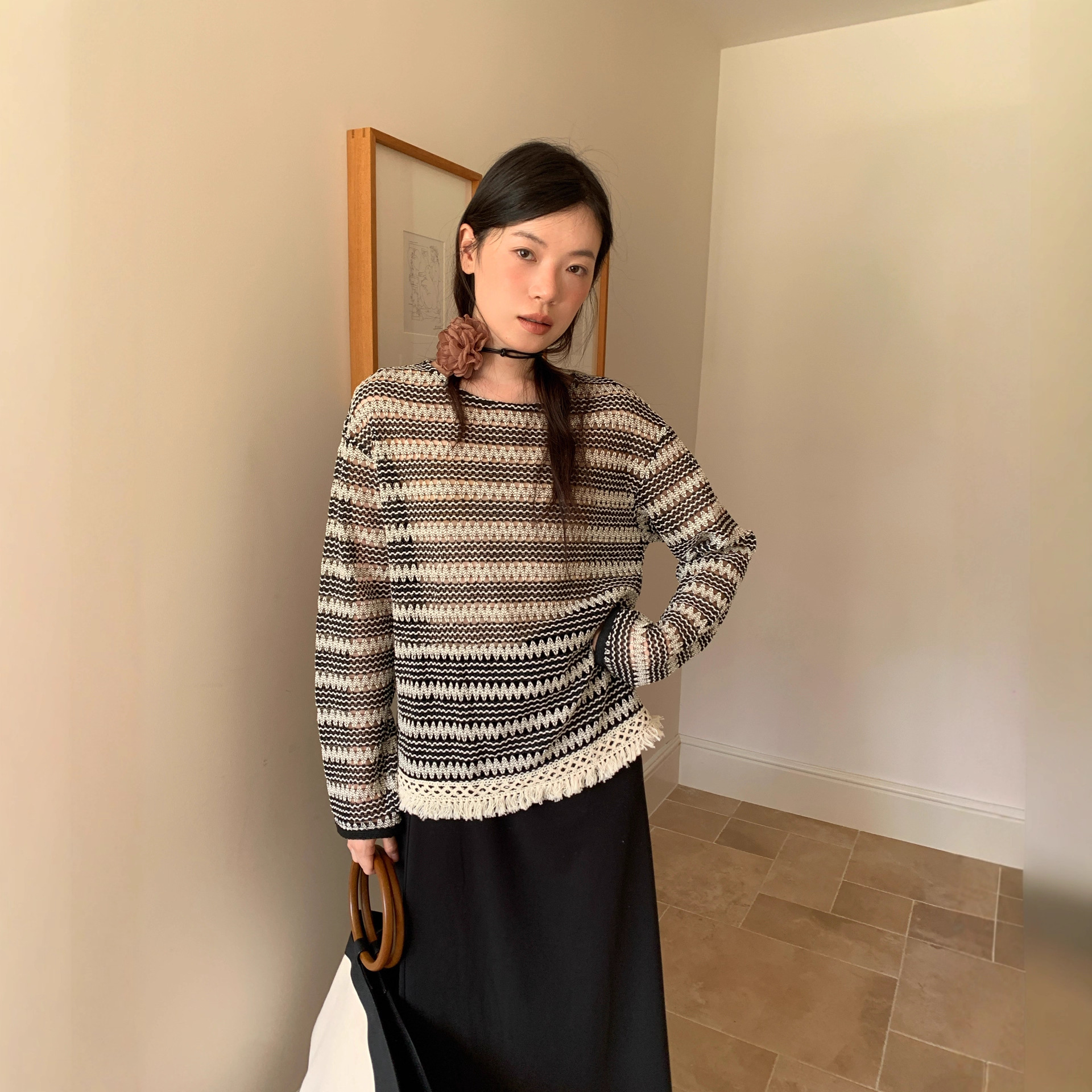 十三行25秋波西利亚民族风复古流苏镂空条纹针织衫F6627