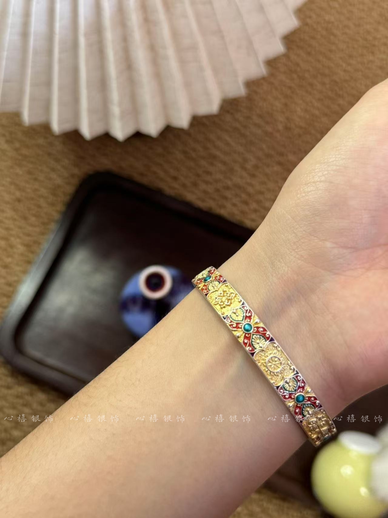 足银珐琅手镯 足银珐琅手镯【八宝·吉言】新中式国风描金吉言手镯