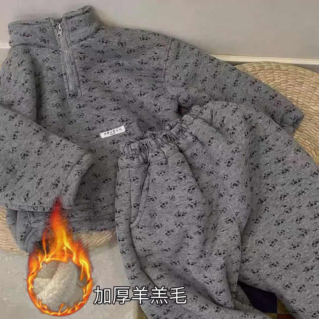 男童秋冬套装2025新款洋气时髦儿童碎花加绒休闲运动卫衣卫裤套装