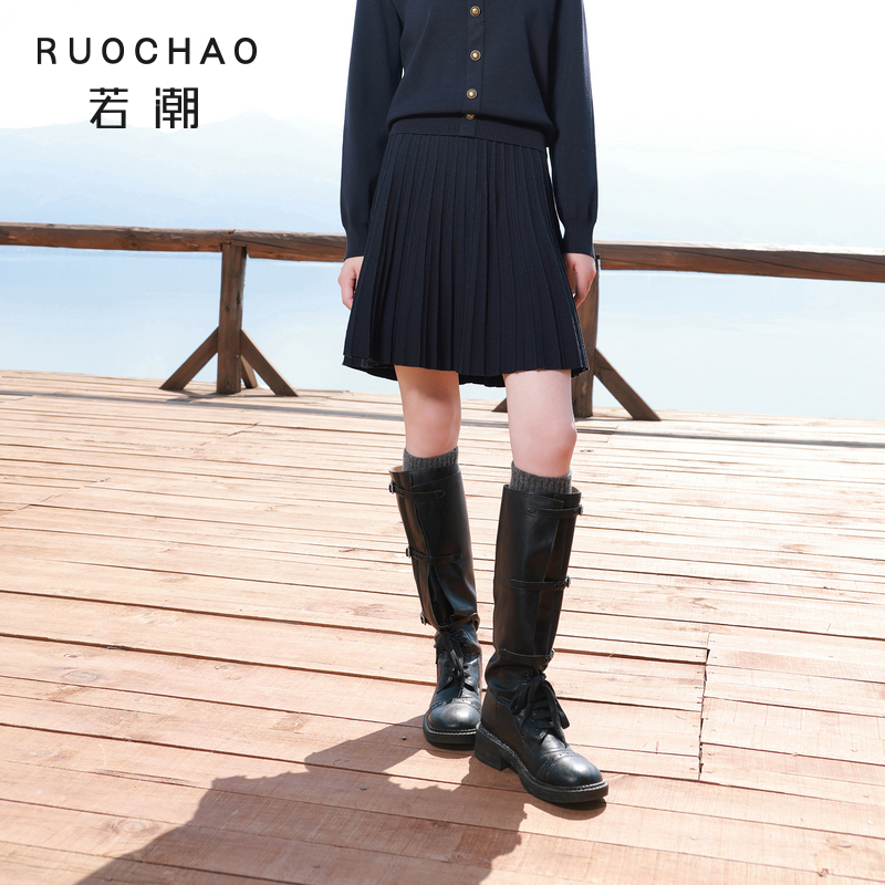 三彩大码女装2025秋季新款百褶半身裙中裙显瘦A字松紧胖MM