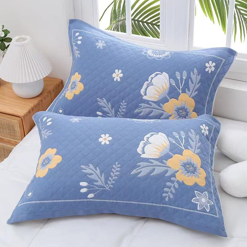 【石榴花蓝】52*78cm棉纱布柔软舒适枕巾一对两只