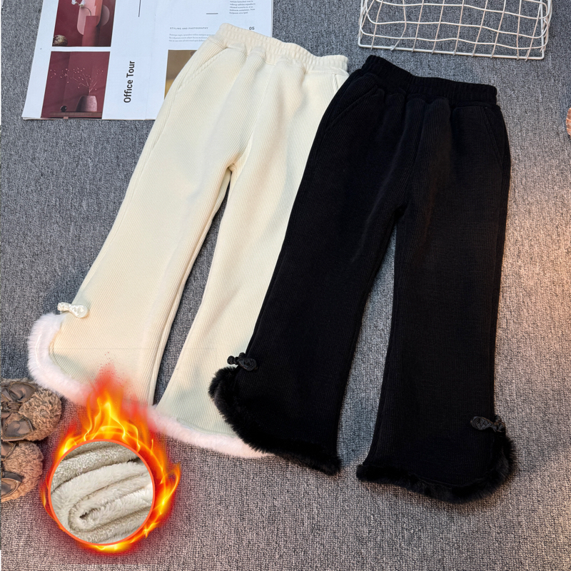 女童中式休闲裤冬新款盘扣长裤儿童毛毛边国风喇叭裤