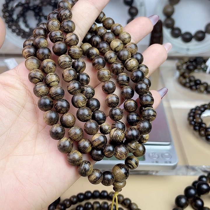 沉香手串蝈*越南芽庄白奇玉化留疤嘤子虎斑