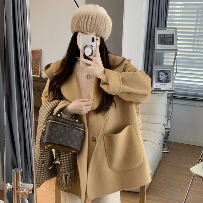 驼色双面羊绒大衣女小个子短款连帽高级感羊毛双面绒韩版毛呢外套