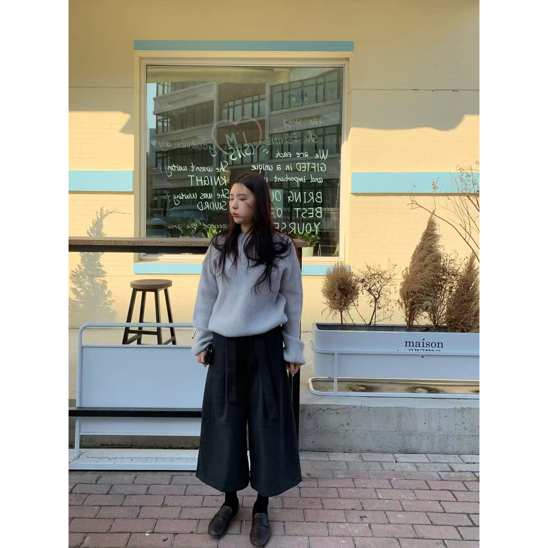 韩代.小个子必备拼接毛呢7分裤 L25110720