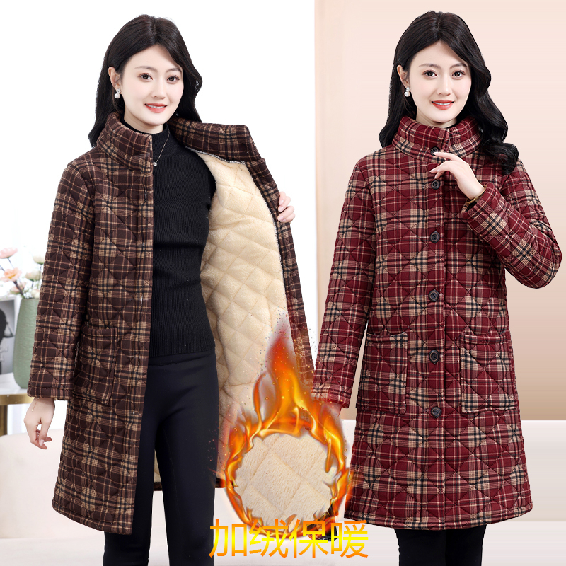 妈妈冬装大衣保暖格子棉服新款中老年女装秋冬中长款加厚加绒棉衣