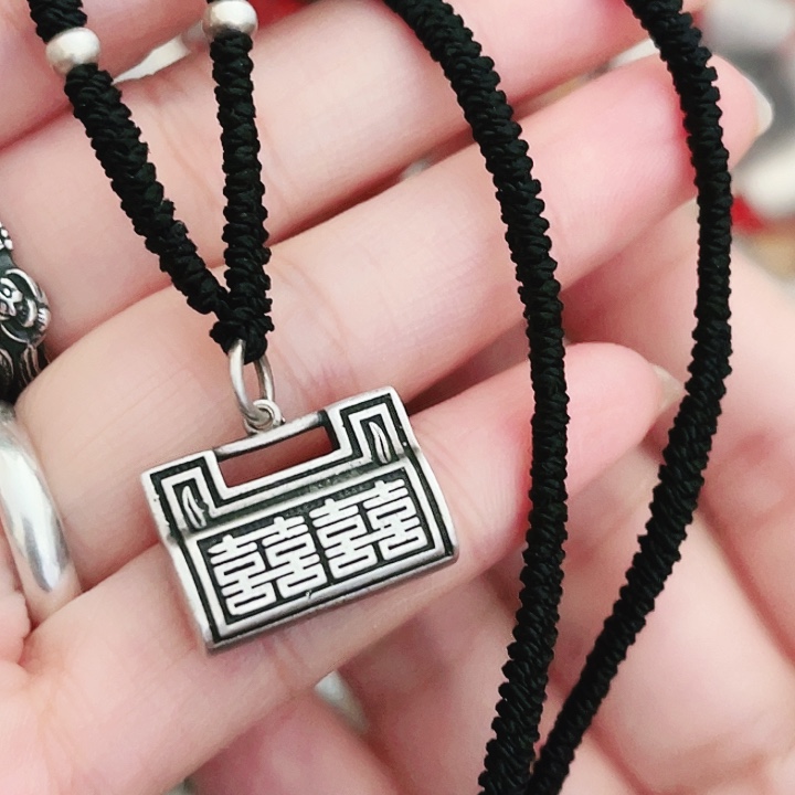 吊坠925银双面喜锁项链可调节绳