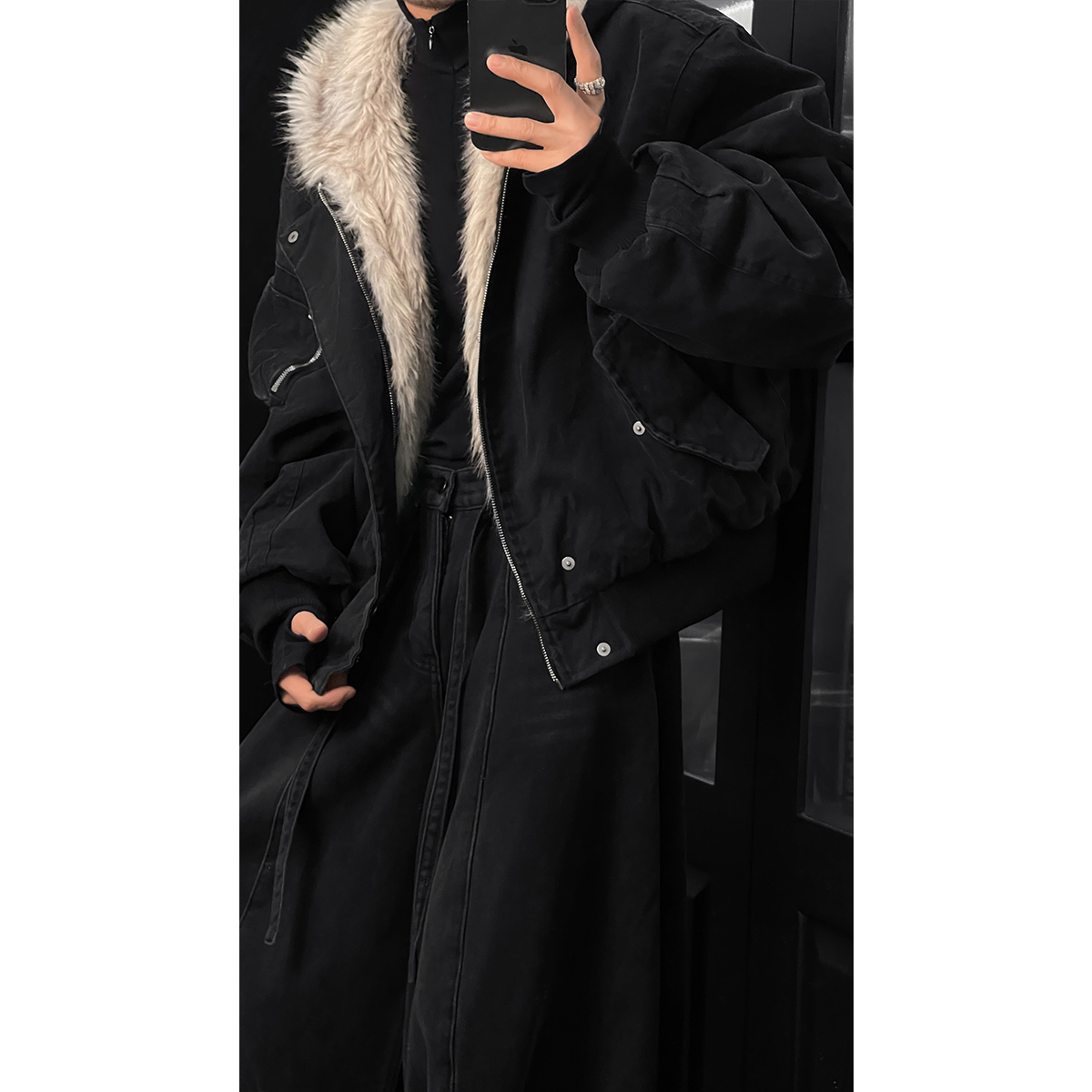 龙叨叨冬季新品美式复古工装座山雕毛领连帽保暖毛绒百搭夹克外套