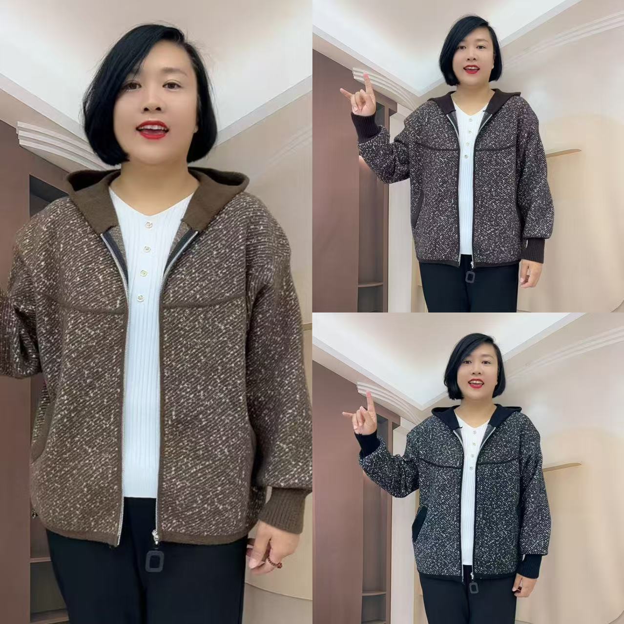 秋冬中老年女装女士宽松短裙百搭连帽短款法式短外套