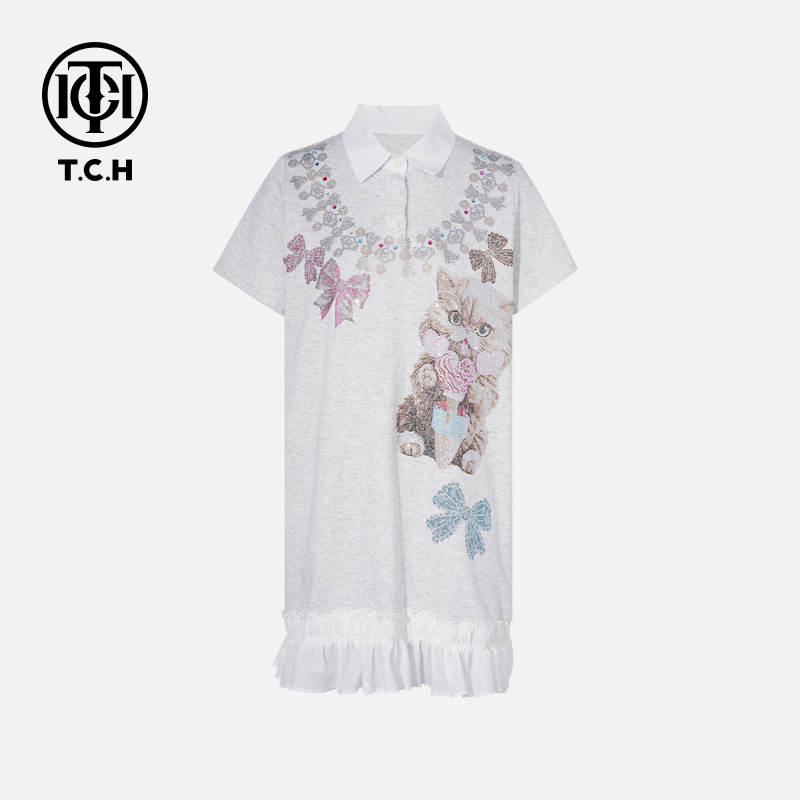 TCH私服烫钻工艺时尚休闲百搭蝴蝶结连衣裙女T75B30E5076轻奢tch