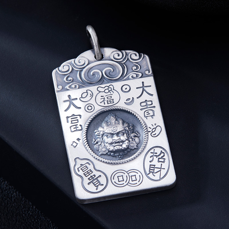 吊坠足银 男士手工复古时尚双面实心福牌项坠黄财神吊牌挂坠纯银