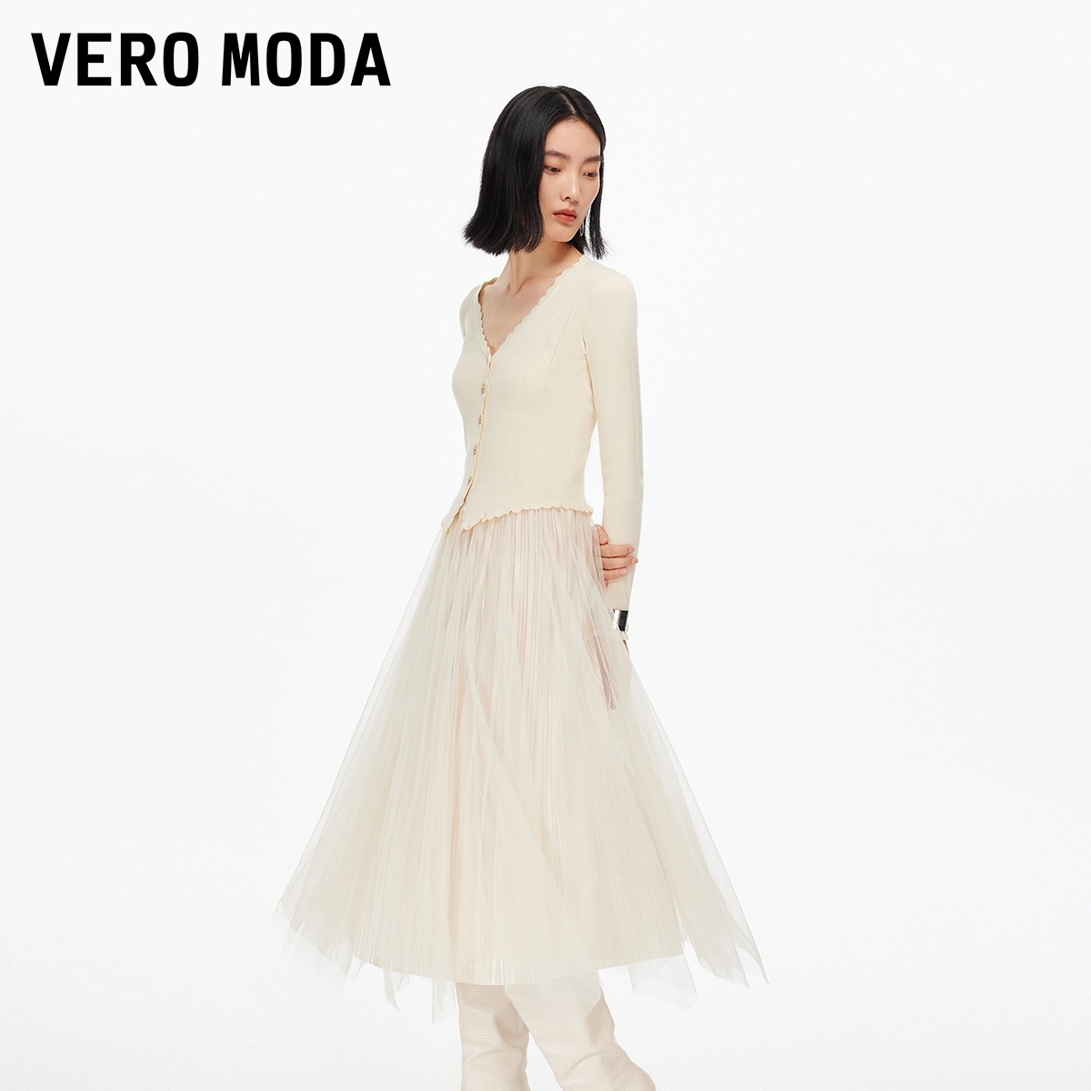 Vero Moda连衣裙2025秋季新款真两件V领荷叶袖中长裙5百搭流光风