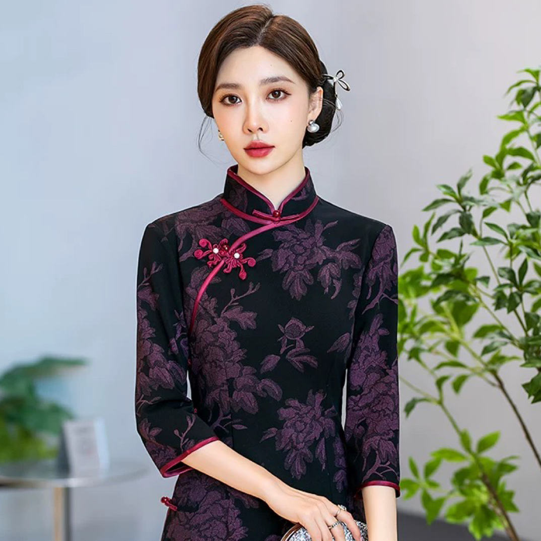 3504-花色旗袍女新中式绝美改良新款年轻高贵连衣裙